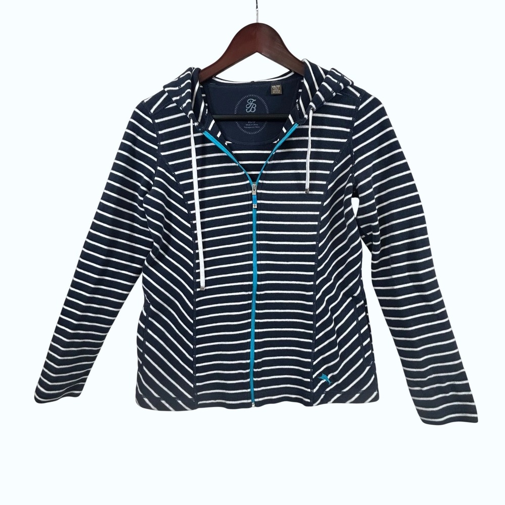 Tommy Bahama Full Zip Hoodie Womens XS Navy Blue Striped Coastal Nautical Resort